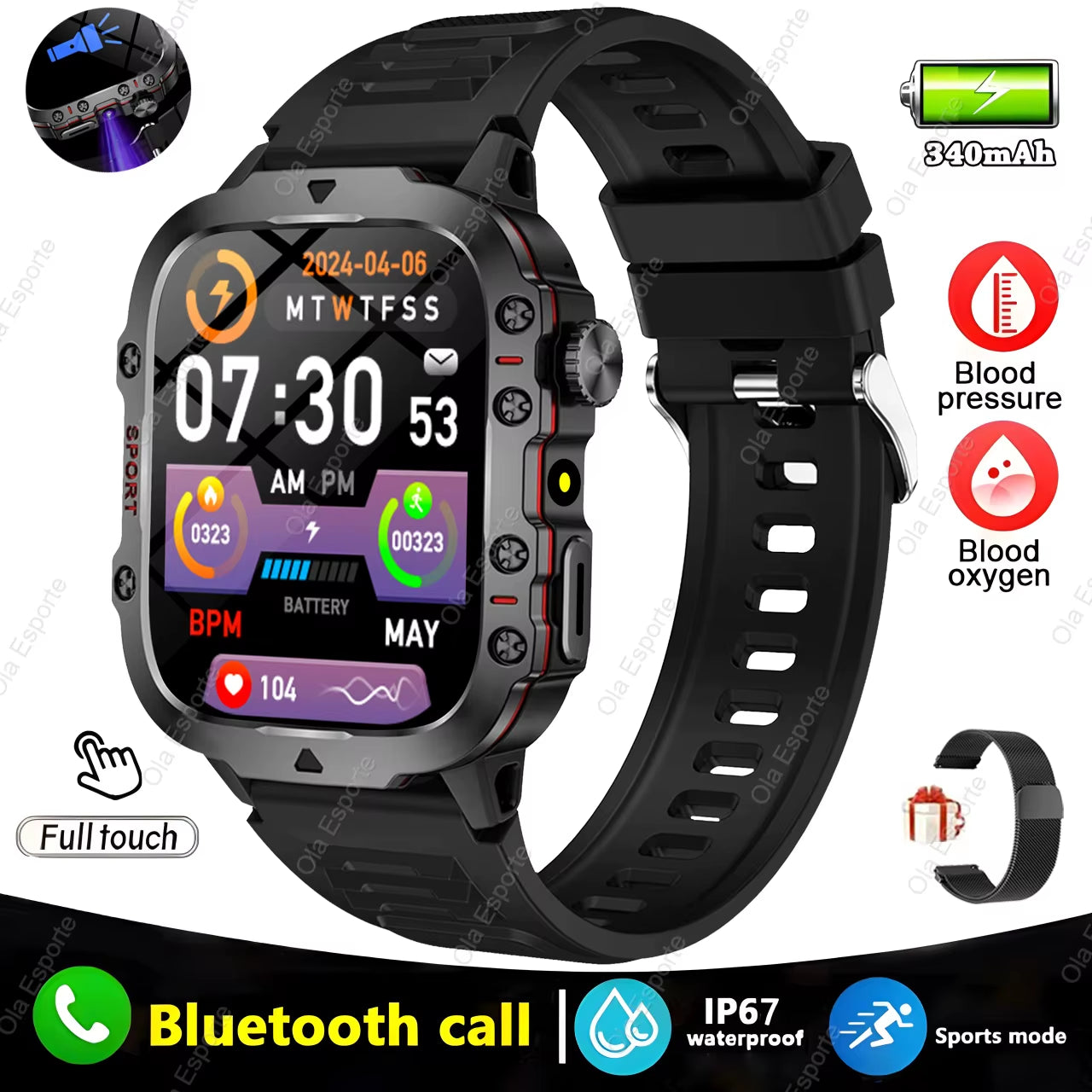 Original Men Smartwatch Flashlight Bluetooth Call Fitness Clock IP68 Waterproof Sports Men for Xiaomi Android Smart Watch 2024